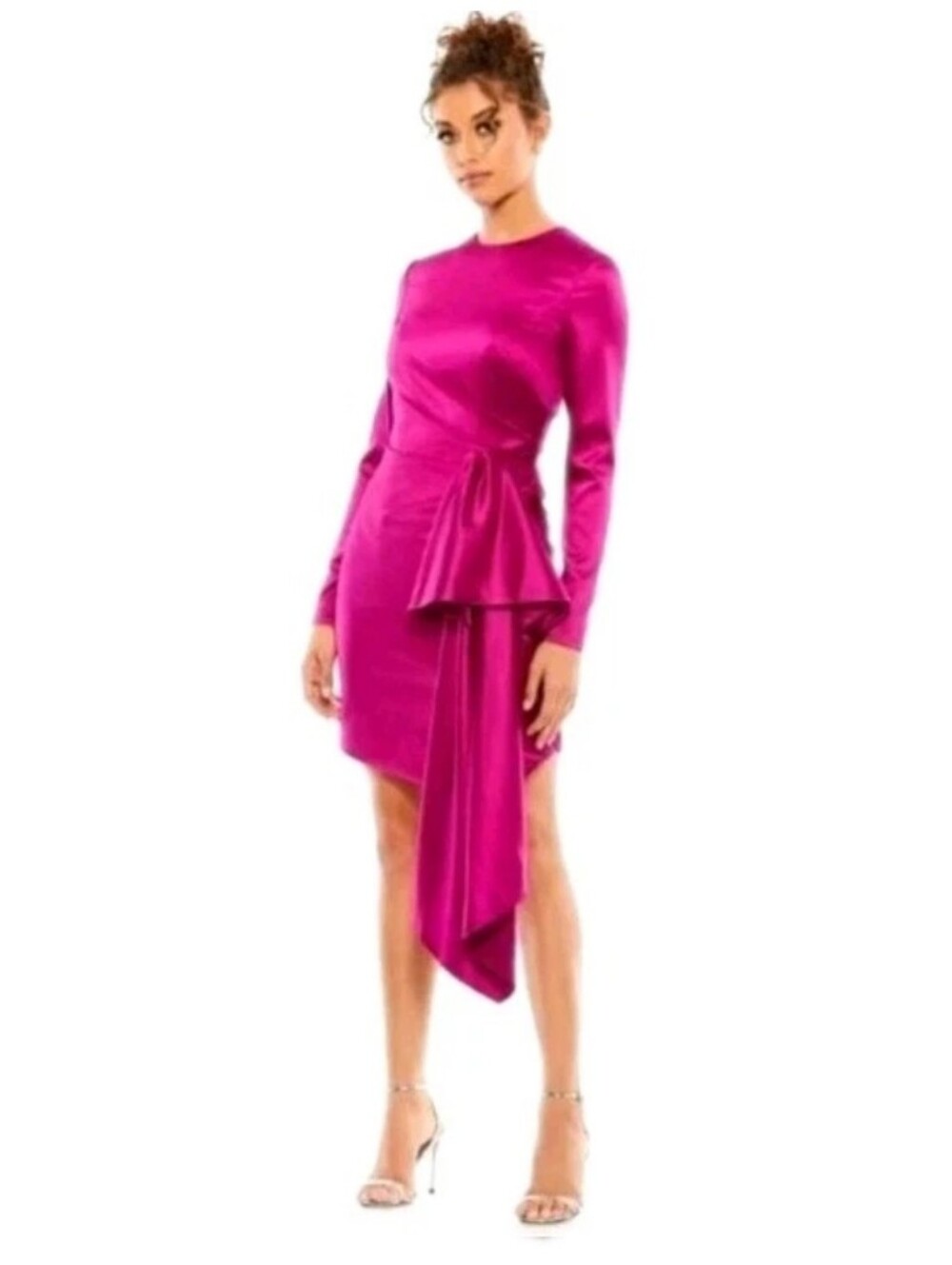 Mac Duggal Magenta Satin Draped Asymmetric Sheath Crew Neck Mini Dress Size: 2